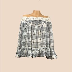 NWT ANN TAYLOR LOFT off the shoulder plaid top